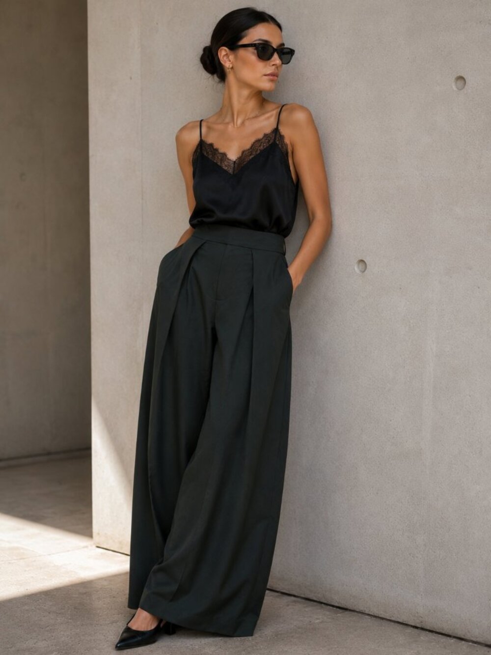 Zara Dark Green Extra Wide Leg Dress Pants High Rise Tailored S